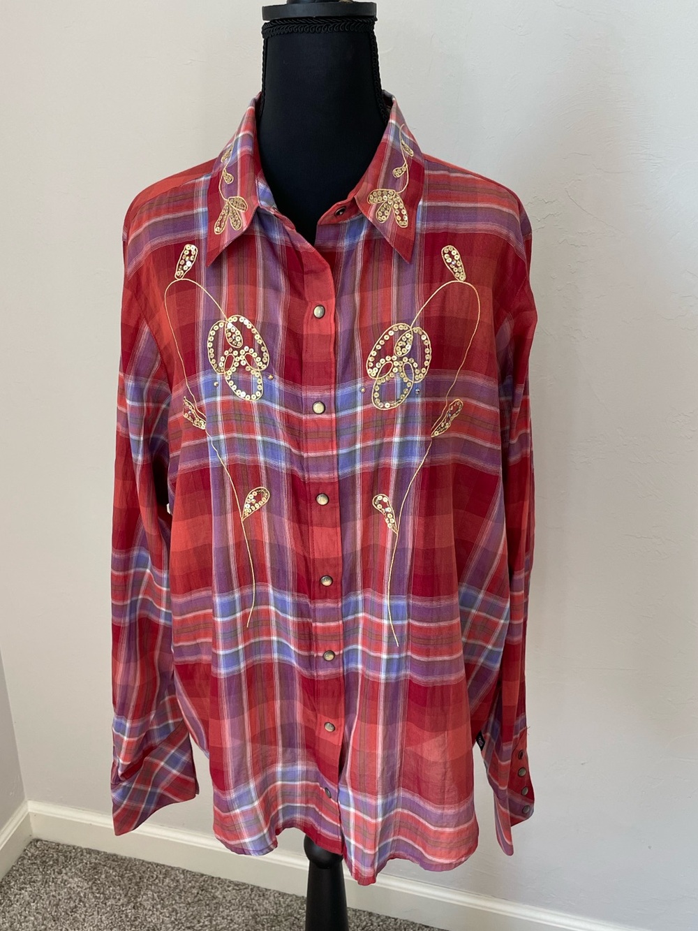 Cruel Girl Red Plaid Button-Down Shirt with Gold Embroidery Pearl Snap